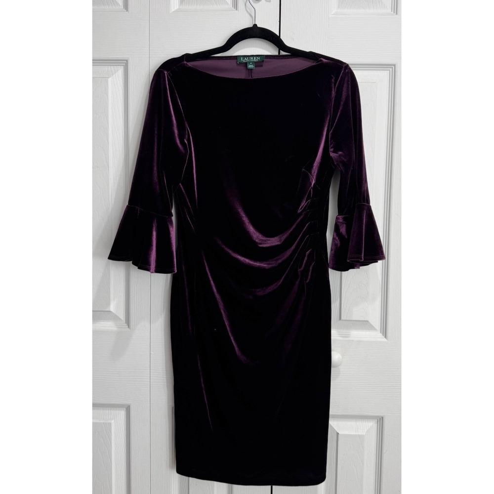 Lauren Ralph Lauren Ruched Mini Dress Women's 8 Purple Velvet Long Bell‎ Sleeve